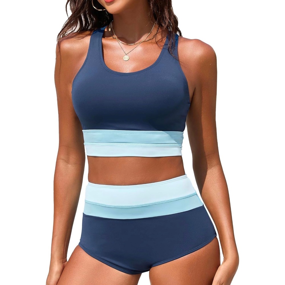 Dipinon Navy Blue Color Block High Waisted Racerback Bikini Set Size M NWOT
